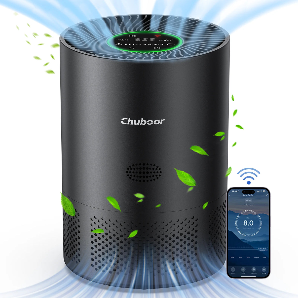Chuboor Air Purifier for home with H13 true HEPA, PM2.5 detection, Removes Dust Smoke Pet Dander Odor, CADR 185m³/h, suitable for 30-40㎡, washable filter, super quiet, air cleaner for kitchen, office, or bedroom
