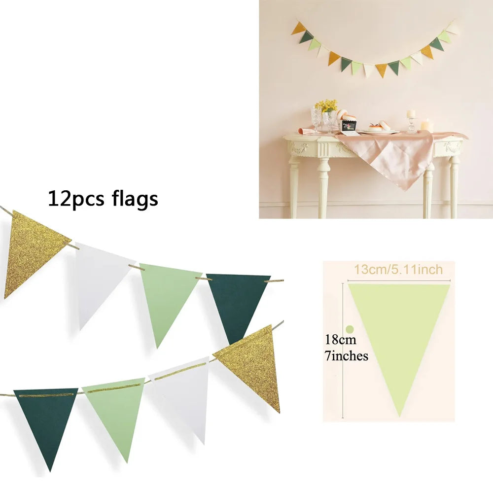Green Birthday Party Decorations Paper Banner Circle Garland Hanging Swirl Paper Fans Lanterns Gold Balloons for Party Decor
