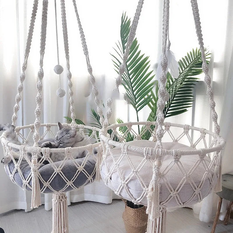 Winter Pet Hammock Cat Swing Hand-Woven Cotton Rope Cat Hanging Basket Kitten Hanging String Den Indoor Hanging Nest Pet Supplies