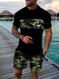 Summer New Arrival Men's Casual Two-Piece Set Striped Print Short-Sleeve Shirt and Athletic Shorts Set Men's Fitness Set