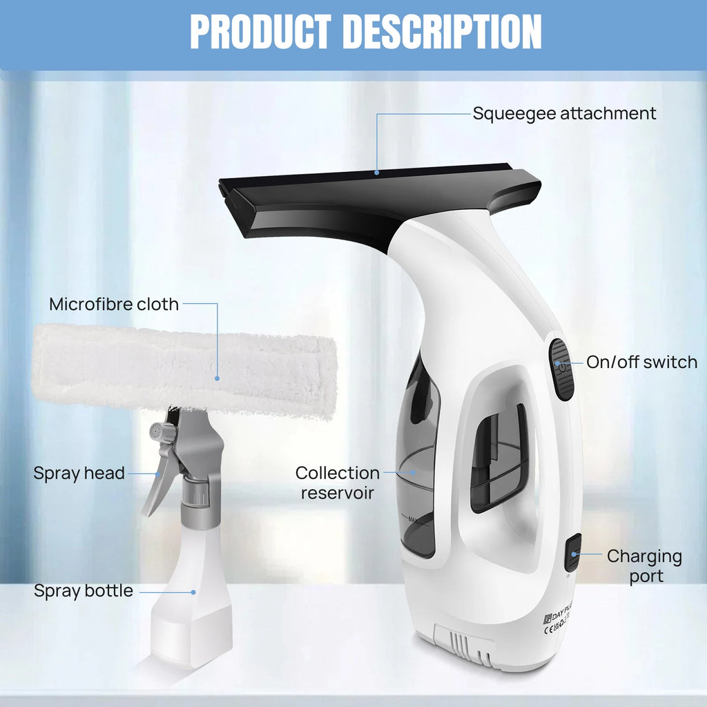 Cordless Window Vac Rechargeable Vacuum Cleaner Compact Electric Glass Window Cleaner 2IN1, with 300ml Spray Bottle