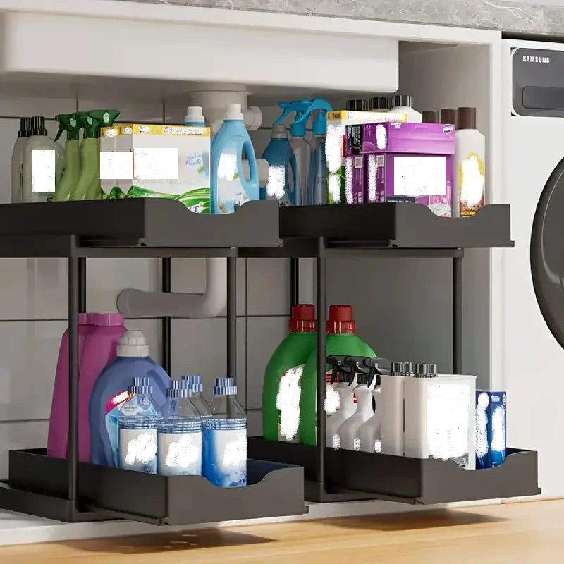 2-Tier Pull Out Under Sink Storage Rack Multifunctional Drawer Organizer Kitchen Bathroom Countertop Cleaning Supplies Storage