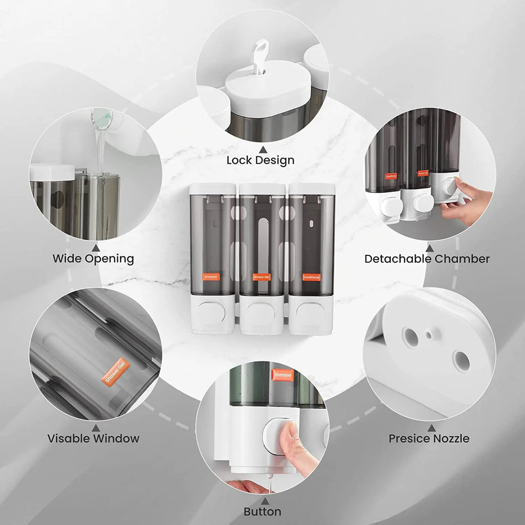 Liquid Soap Dispenser Three-Head  Shower and Lotion Dispenser Waterproof Shampoo Gel Container Wall Mount with Clear Window