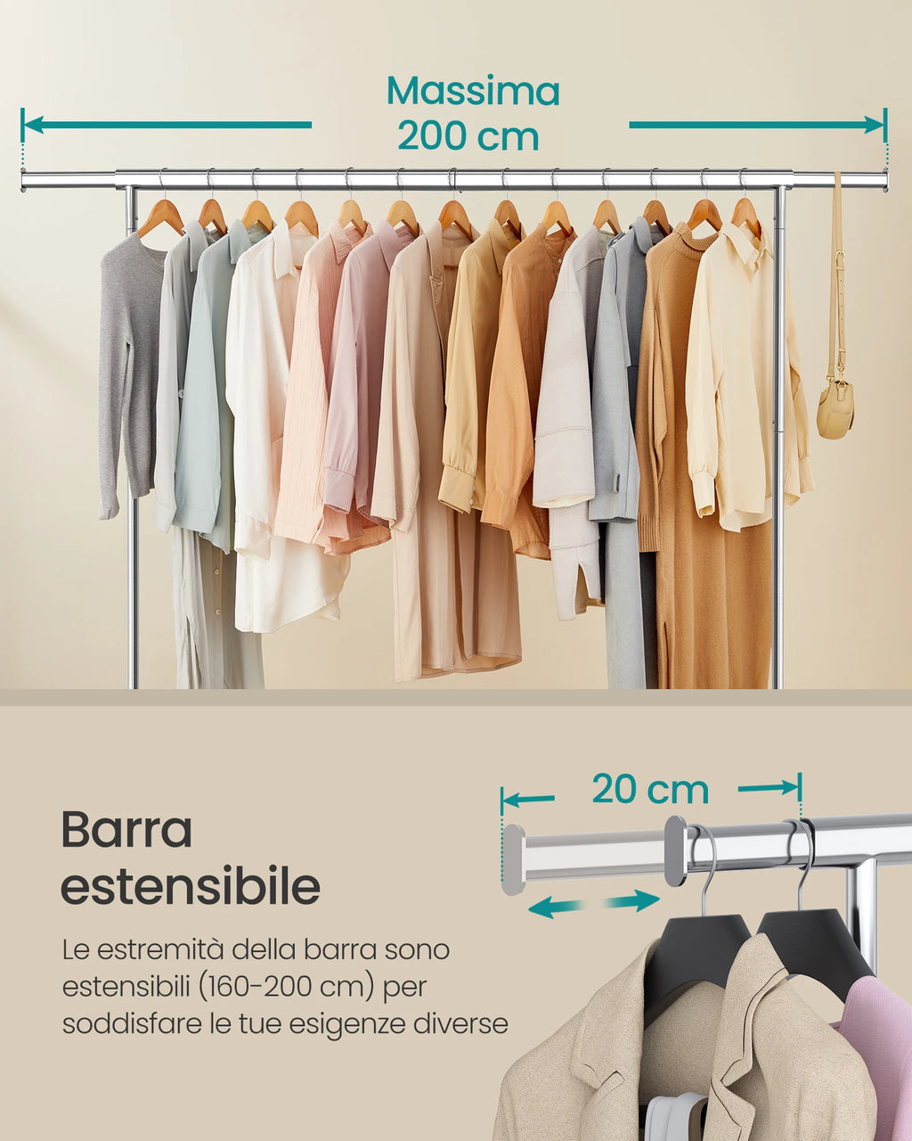 SONGMICS Clothes Rack with Wheels, Heavy-Duty Clothes Rack, Load Capacity 110 kg, 45 x (160-200) x 162.9 cm, Silver
