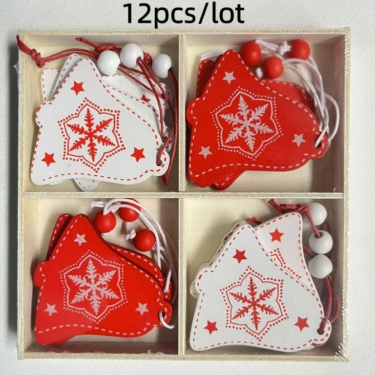 12Pcs/lot Merry Christmas Tree Decoration Wooden Hanging Pendant elk bells snowflake Xmas Ornaments New Year Home Decor Gifts