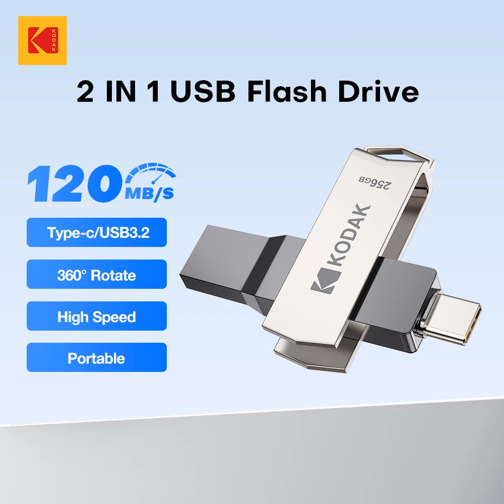 Original Kodak Type C Pendrive USB3.2 Metal USB Flash Drive 128GB 64GB 32GB HDD 2 in 1 U-disk for Keys Smartphone Laptop Desktop