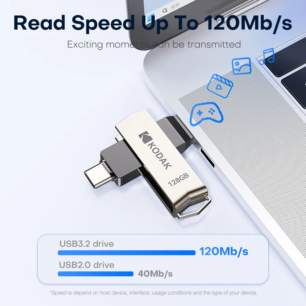 Original Kodak Type C Pendrive USB3.2 Metal USB Flash Drive 128GB 64GB 32GB HDD 2 in 1 U-disk for Keys Smartphone Laptop Desktop