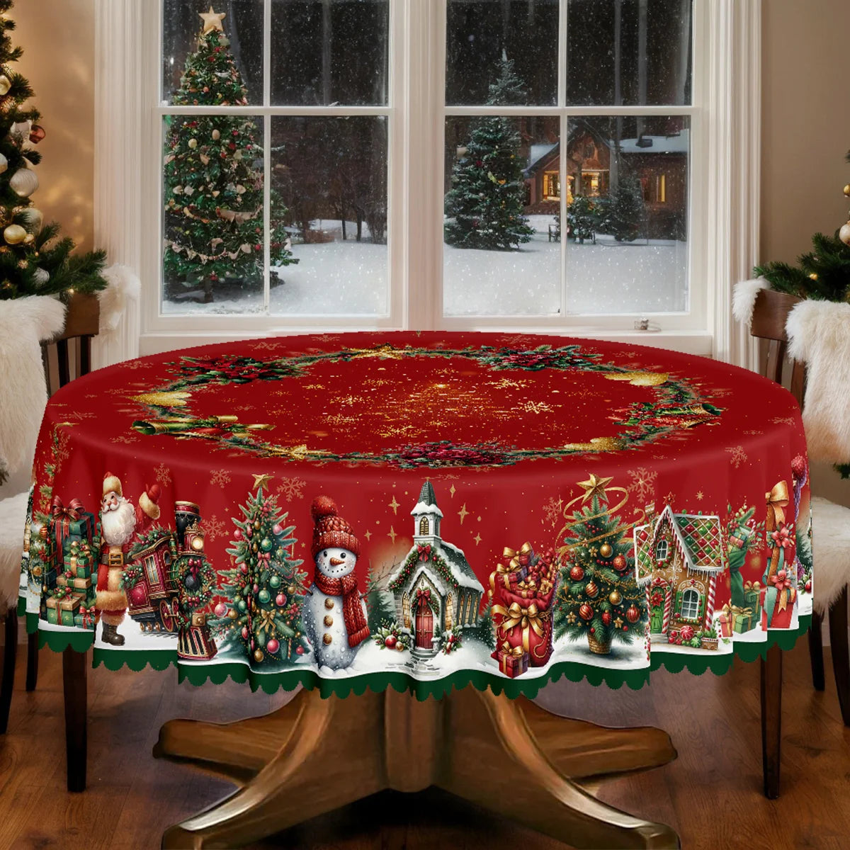 1 piece, Merry Christmas themed party tablecloth, Santa snowman Christmas tree floral design print