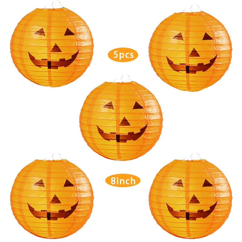 1-10pcs 8 Inch Halloween Pumpkin Paper Lanterns Hanging Folding Haunted House Horror LED 3D Props Holiday Party Ghost Lamp Decor