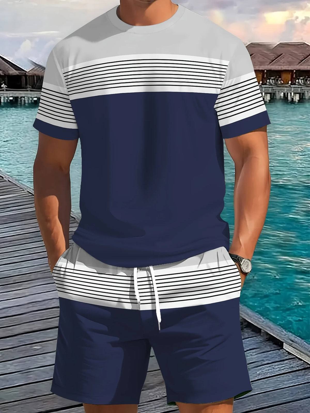 Summer New Arrival Men's Casual Two-Piece Set Striped Print Short-Sleeve Shirt and Athletic Shorts Set Men's Fitness Set