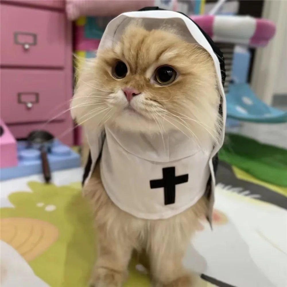 Halloween Cats Nun Costume Cross Print Kitty Clothes for Small Dogs Funny Cute Dress Up Party Pet Overalls Cat Accessories