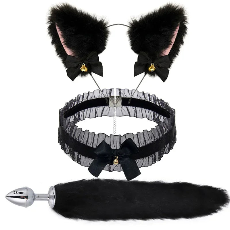 NEW 3pcs Halloween Party Cos Plush Animal Ear Animal Tail Suit Fox Ear Wolf Ear Headband Tail Accessories Cat Head Bell Collar