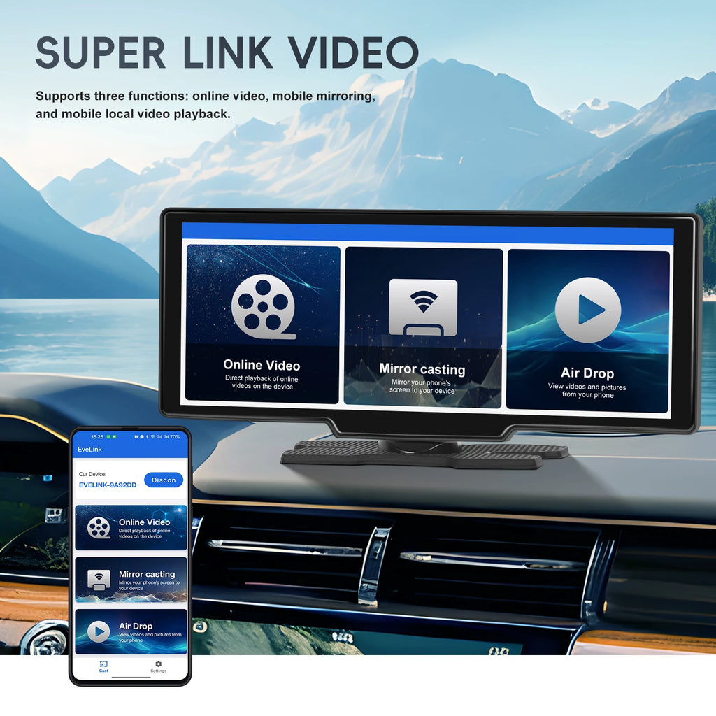 10.26'' Touch Screen Smart Screen Player CarPlay Android Auto Airplay Mirror Cast Bluetooth FM Car Monitor Superlink Voice Control Auto Player