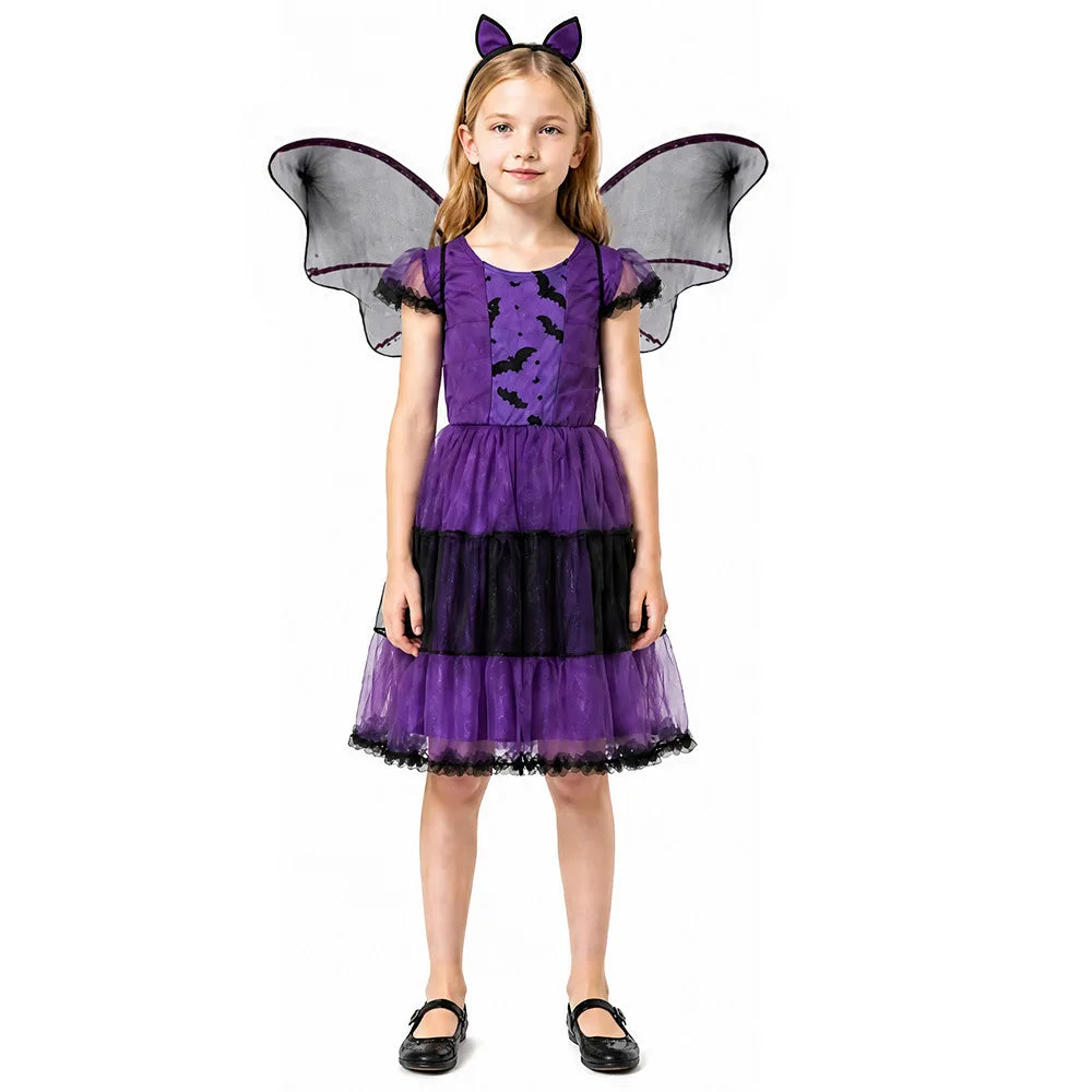 Halloween Witch Costume Girls Vampire Kids Clothes Animal Cosplay Dress With Wing Headwear Witch Role Play Clothes