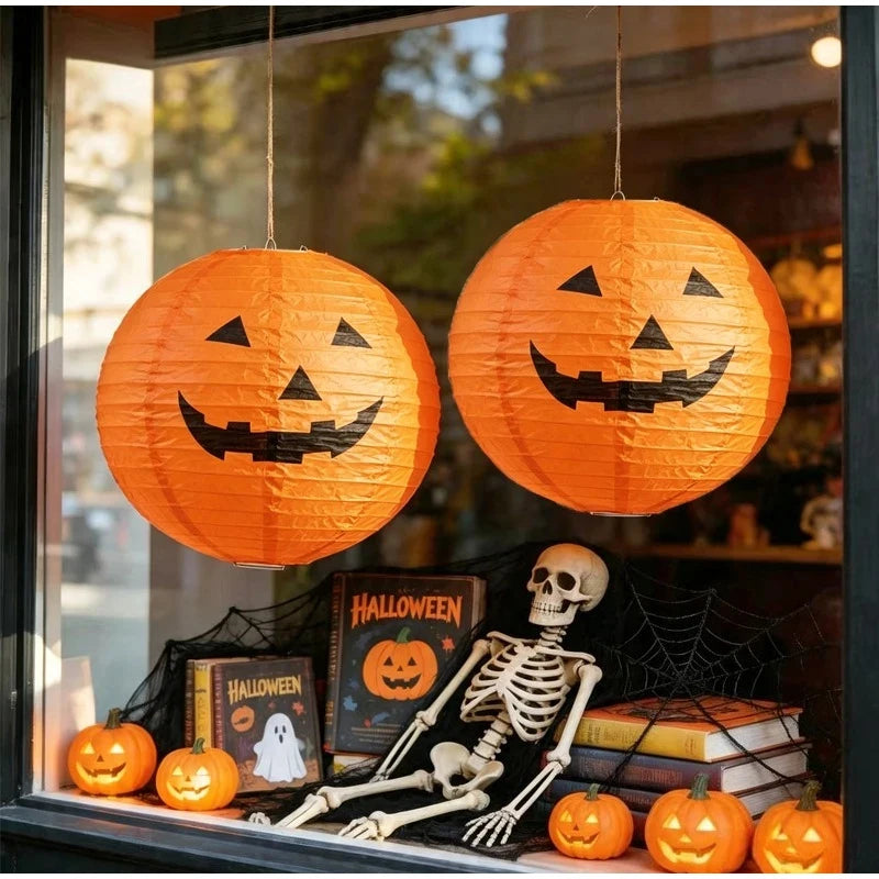 1-10pcs 8 Inch Halloween Pumpkin Paper Lanterns Hanging Folding Haunted House Horror LED 3D Props Holiday Party Ghost Lamp Decor