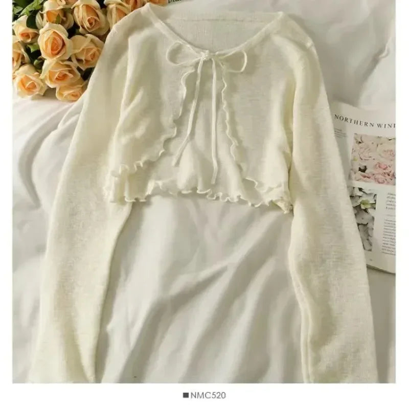 Summer Women Thin Sunscreen Cardigan Lace-up Knitwear Tops Female Korean Style Lantern Sleeve Short Coat Casual Sun Protected