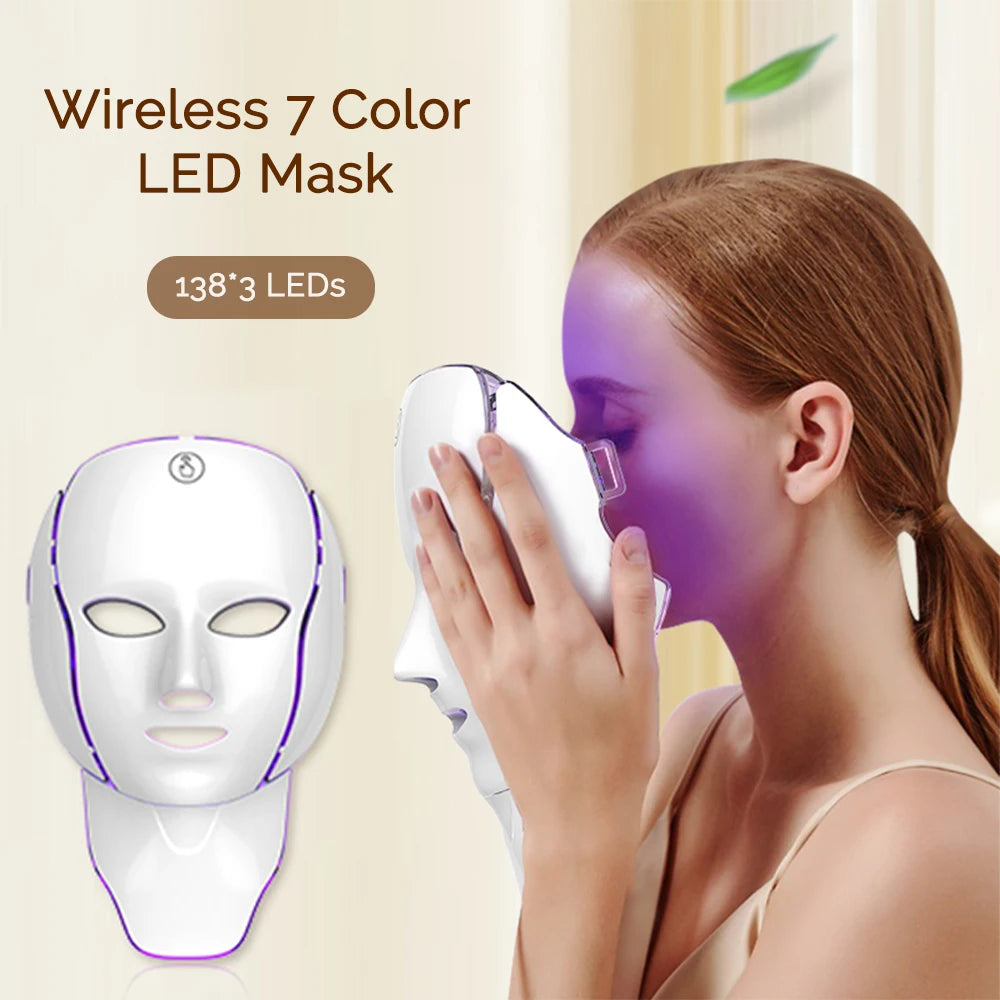 LED Facial Mask with Neck 7 Colors Light Therapy Red Light Facial Mask for Anti-Aging Rejuvenation Brighten Skin Beauty Device