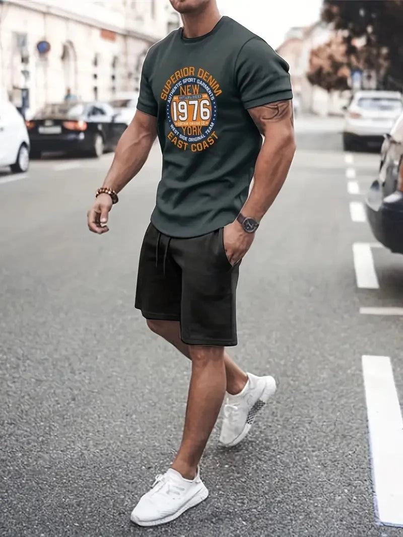 New Men's Two-Piece Plaid Print Fashion Men's Suit Summer O-Collar Short-Sleeved Polo Shirt + Shorts Two-Piece Men's Suit
