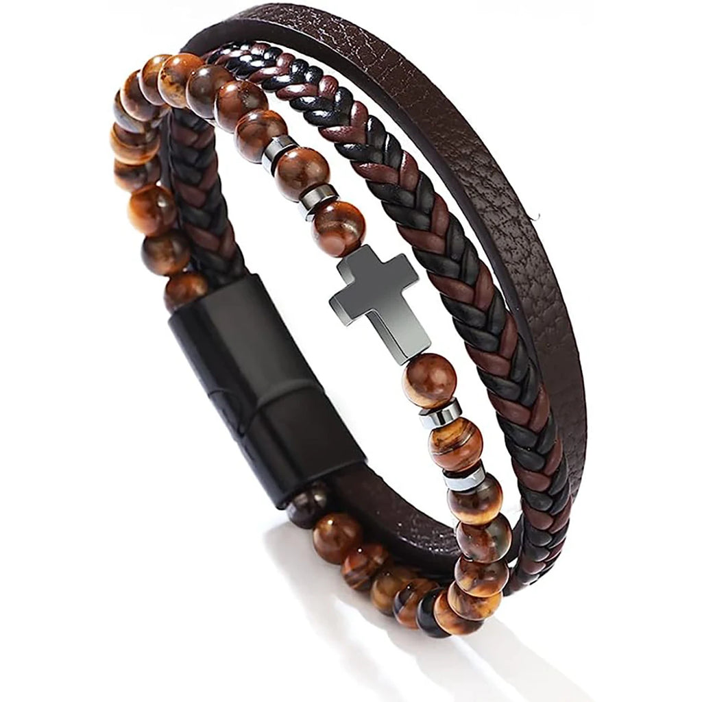 Vintage Multi-Layer Leather Bracelet Men Punk Cross Charm Tiger Eye Stone Beads Bracelet Fashion Braided Wrap Wristbands Jewelry
