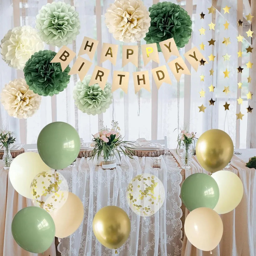 Green Birthday Party Decorations Paper Banner Circle Garland Hanging Swirl Paper Fans Lanterns Gold Balloons for Party Decor