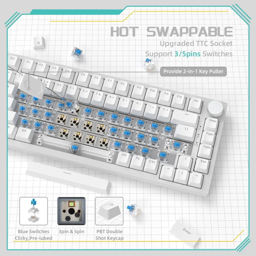 AJAZZ AK820 75% Wired Mechanical Keyboard: Hot-Swappable, RGB Backlit, Knob Control | For Office & Gaming