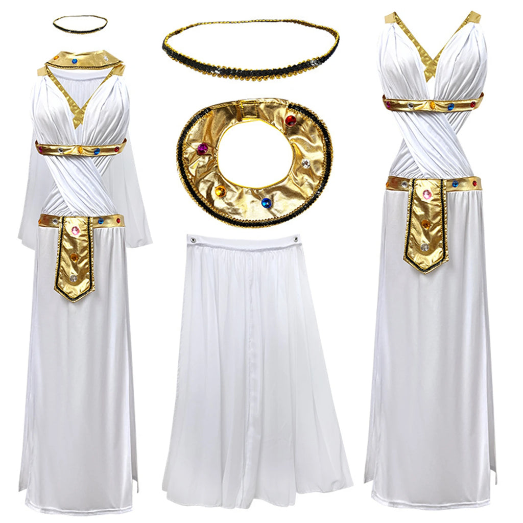 Halloween Greek Goddess Costume Set Sexy Bodysuit Gold Laurel Wreath Adult Goddess Cloak For Women Cosplay Party Decoration