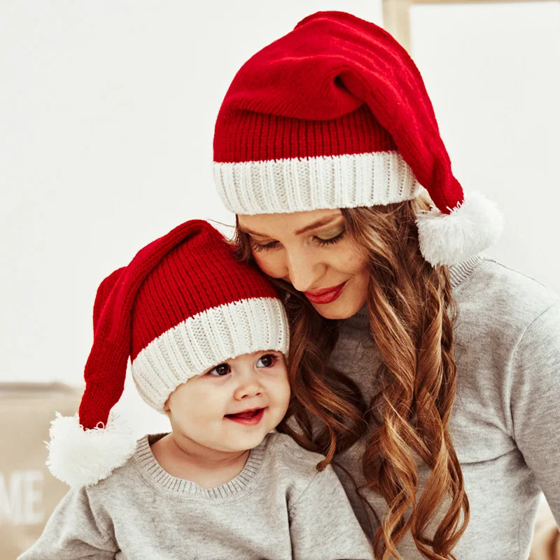 2026 Knitted Christmas Hat Cute Pompom Adult Soft Beanie Santa Cap New Year Party Family Gift Navidad Natal Noel Decoration