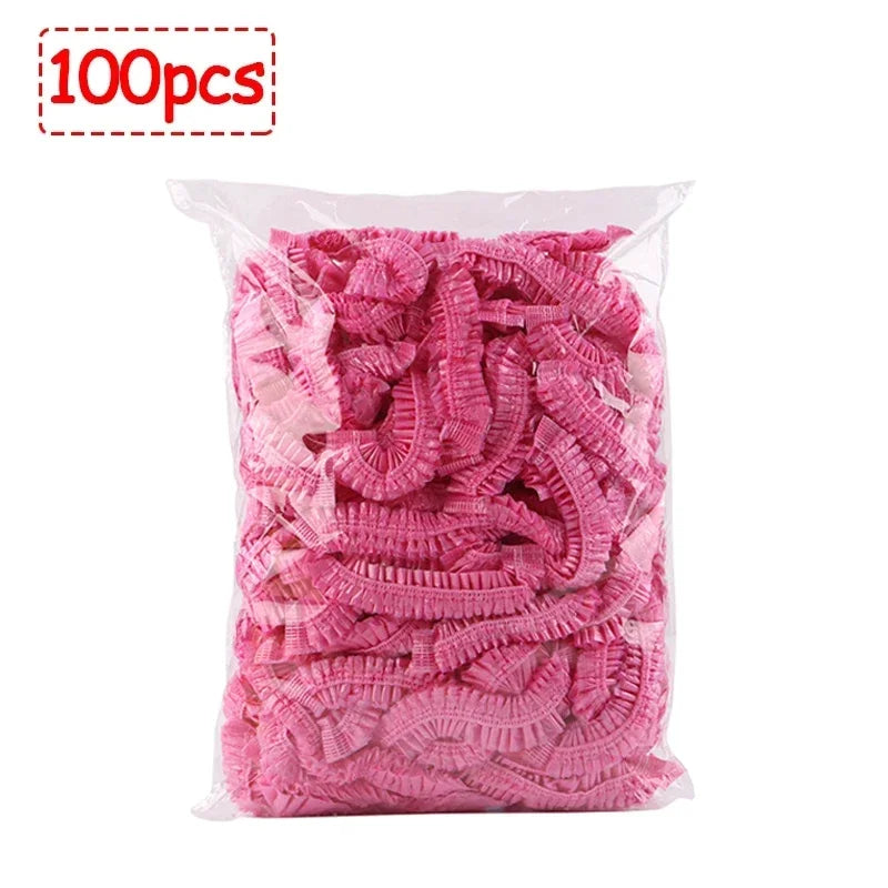 50/100/200pcs Disposable Shower Cap Elastic Plastic Wrap Covers Food Non-woven Bath Hat Waterproof Shower Cap Kitchen Products