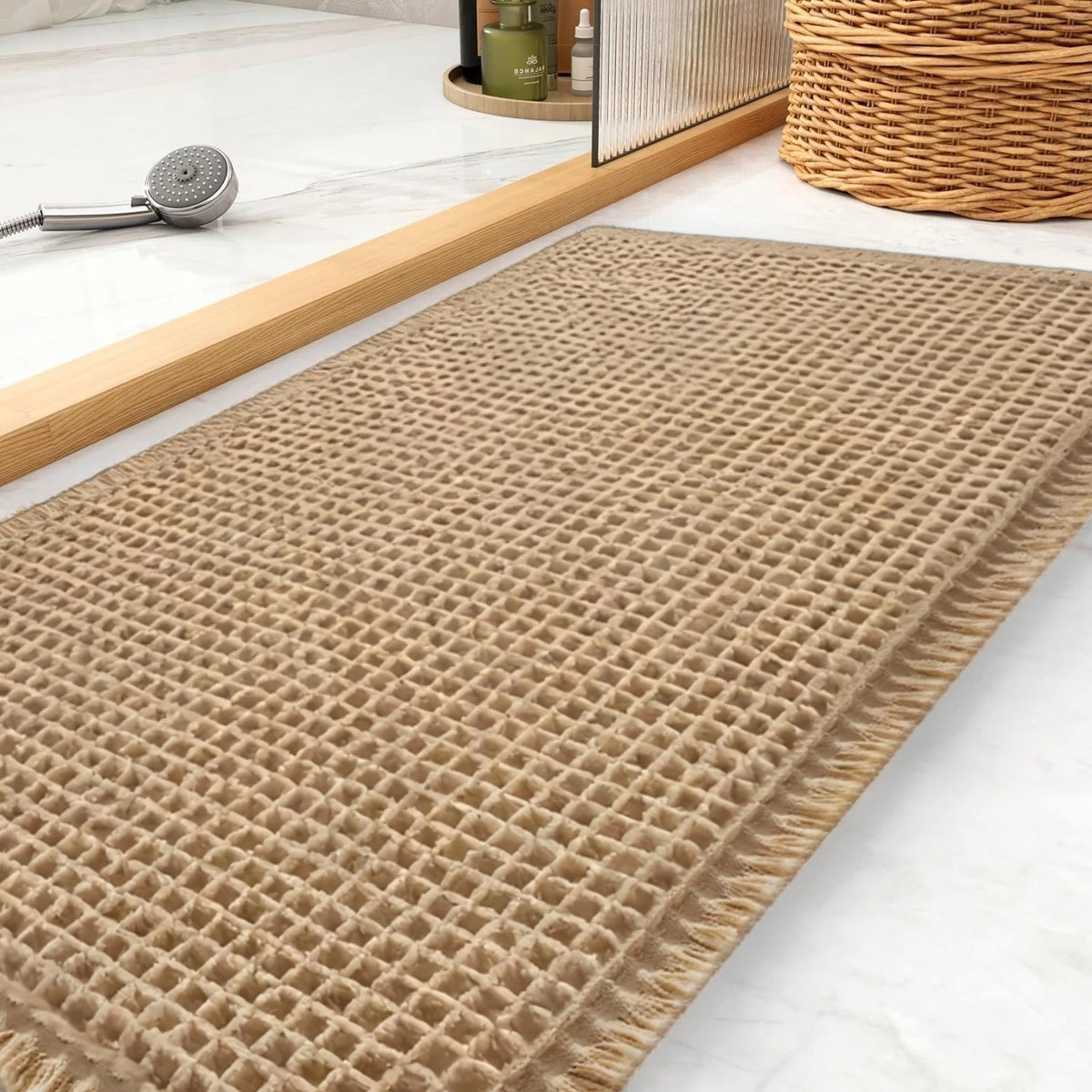Super Absorbent Bath Mat with Non Slip Backing Waffle Textured Bathroom Rug for Shower Tub Quick-Dry Bath Mat Floor Protection