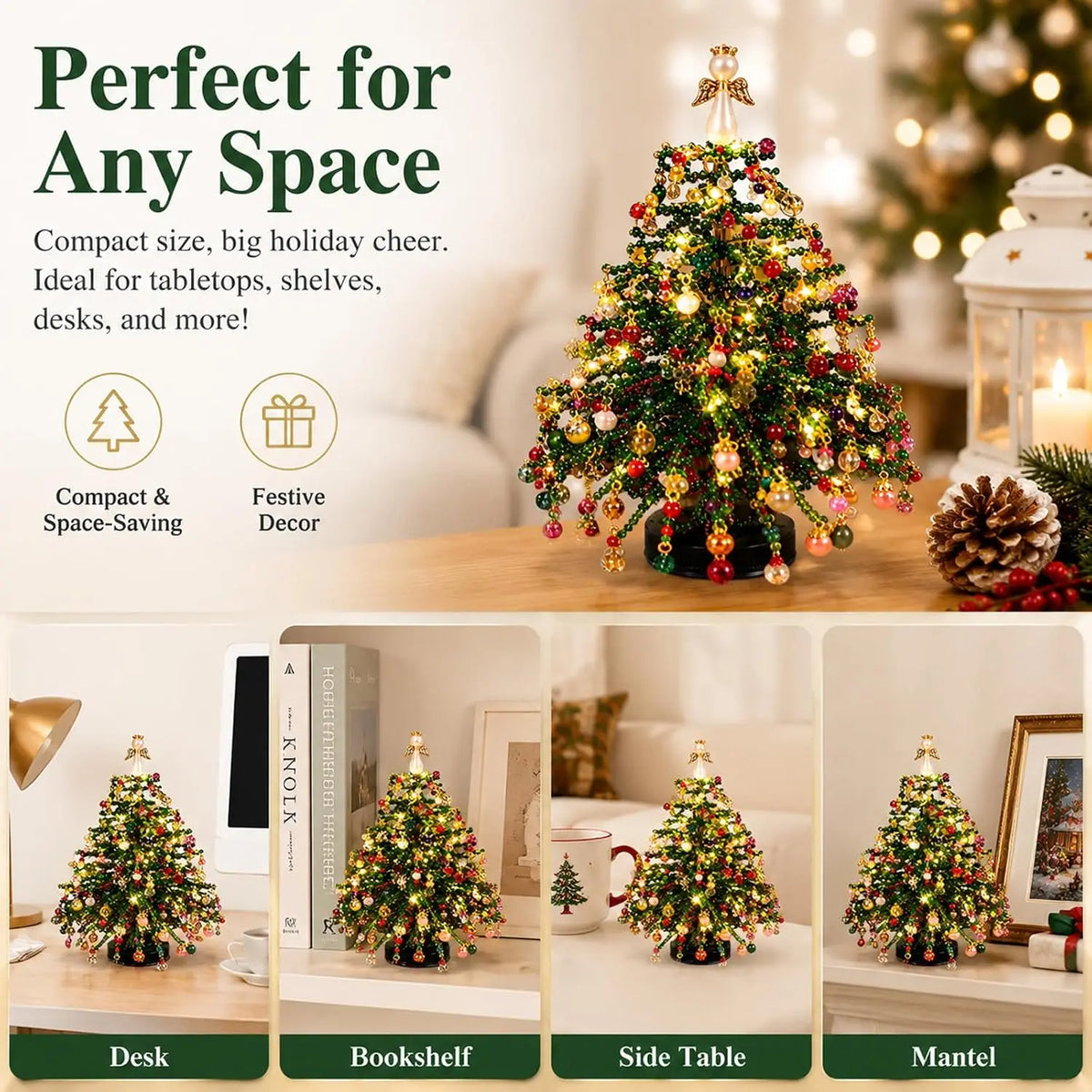 DIY Beaded Christmas Tree Kit 3D Crystal Bead Holiday Craft Set for Adults Colorful Beads Tabletop Tree Ornament Charms DIY Gift