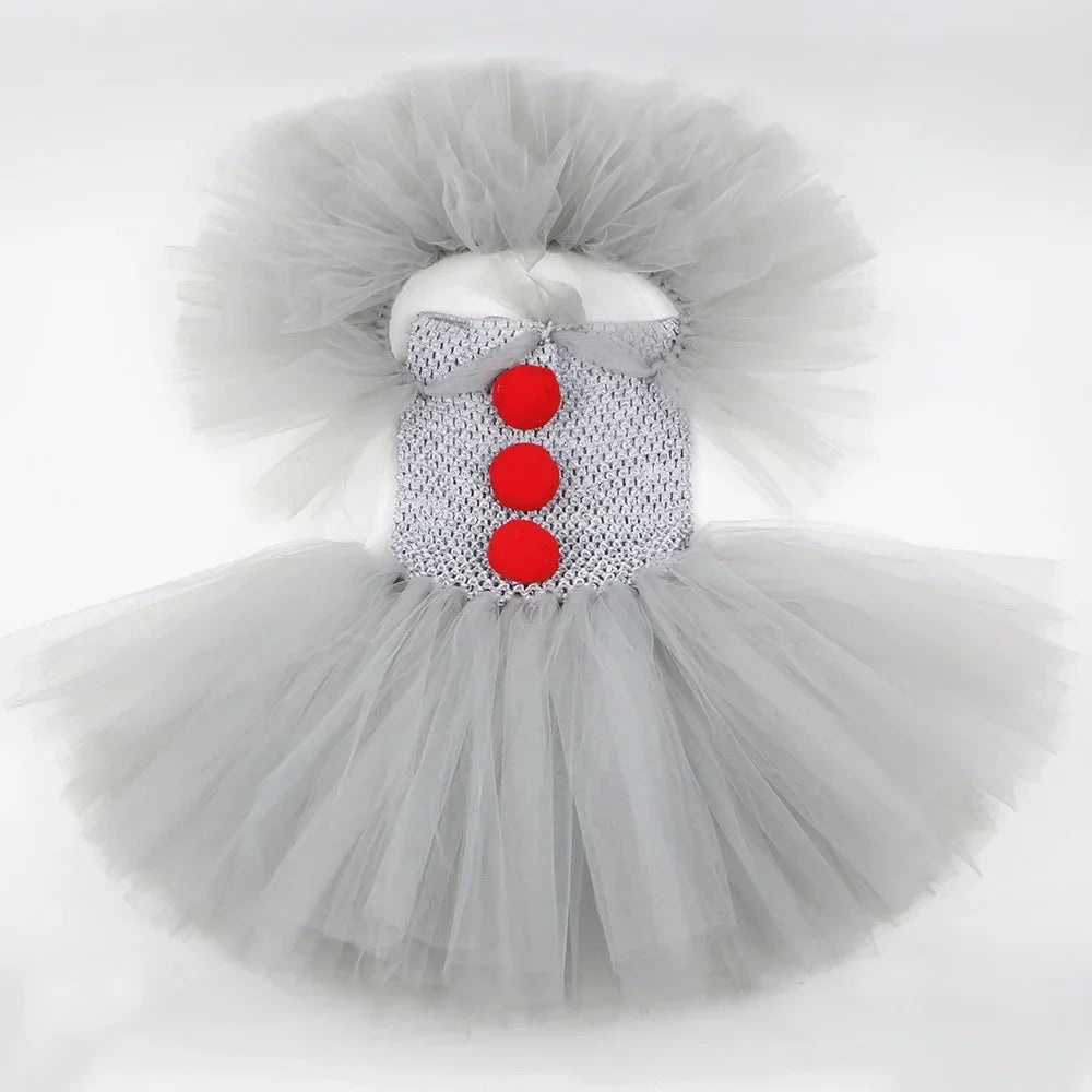 Halloween Pennywise Costume for Kids Creepy Clown Gray Joker Tutu Dress Outfit Girls Fancy Carnival Party Tulle Dress Up Clothes