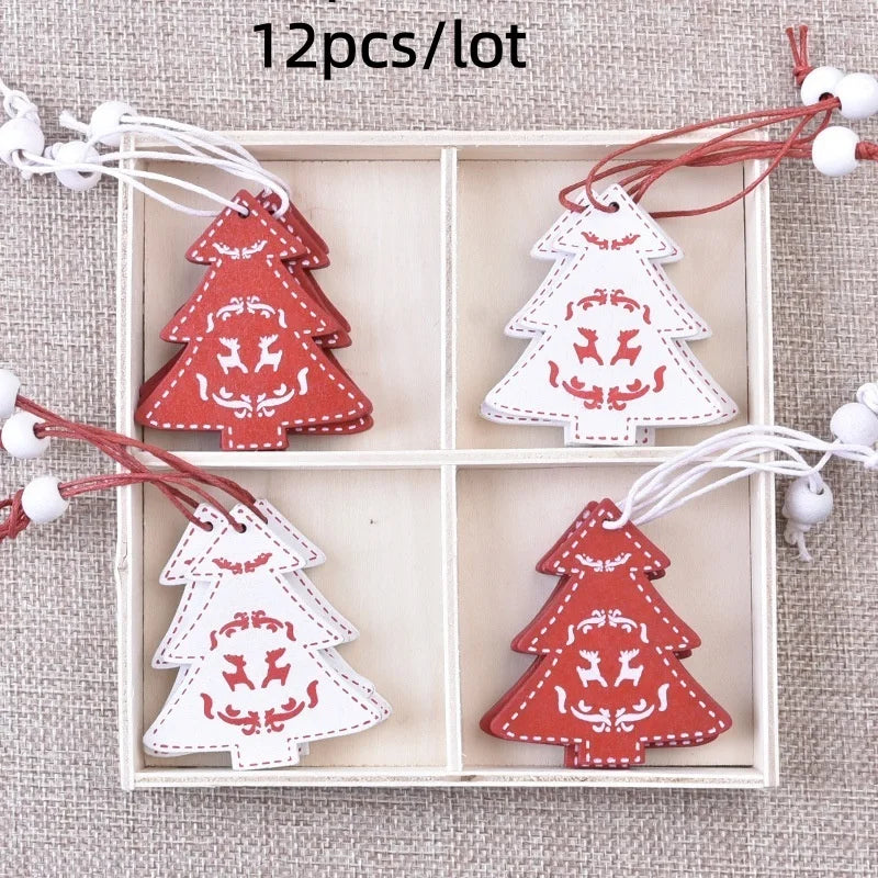 12Pcs/lot Merry Christmas Tree Decoration Wooden Hanging Pendant elk bells snowflake Xmas Ornaments New Year Home Decor Gifts