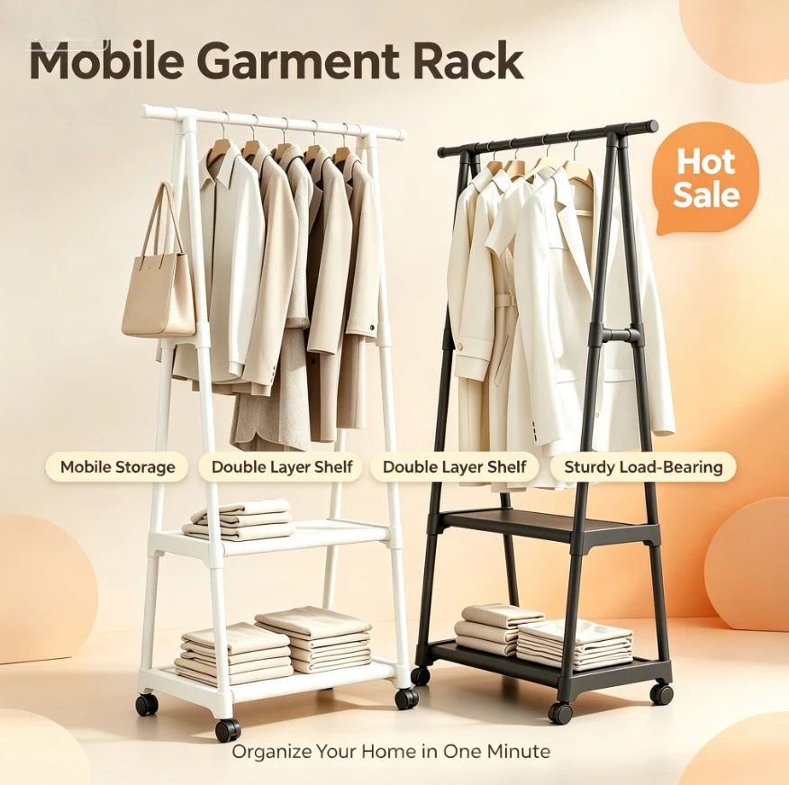 Simple Floor‑Standing Clothes Drying Rack with Wheels, Multifunctional Storage Garment Organizer, Practical Hanging Clothes Rack