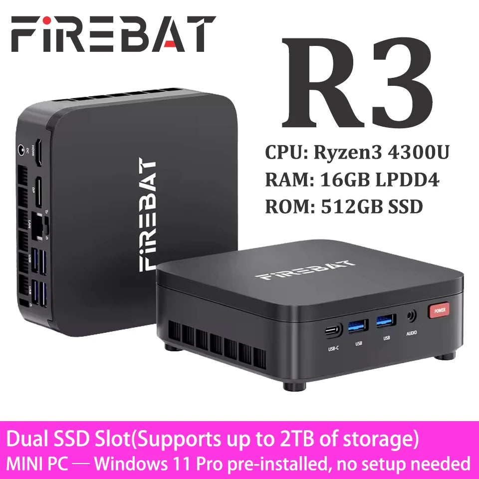 FIREBAT Mini PC R3 AMD Ryzen 3 4300U LPDDR4 8GB 16GB RAM 256GB 512GB SSD Windows11 Pro Wifi6 BT5.2 Support 4K 60Hz Desktop Computer