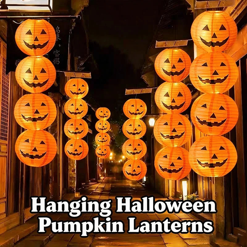 1-10pcs 8 Inch Halloween Pumpkin Paper Lanterns Hanging Folding Haunted House Horror LED 3D Props Holiday Party Ghost Lamp Decor