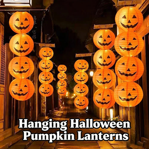 1-10pcs 8 Inch Halloween Pumpkin Paper Lanterns Hanging Folding Haunted House Horror LED 3D Props Holiday Party Ghost Lamp Decor