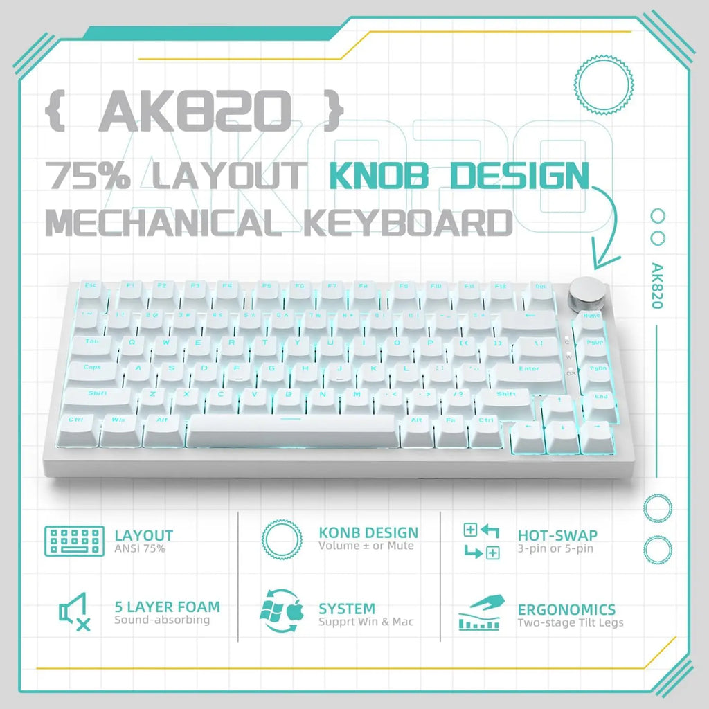 AJAZZ AK820 75% Wired Mechanical Keyboard: Hot-Swappable, RGB Backlit, Knob Control | For Office & Gaming