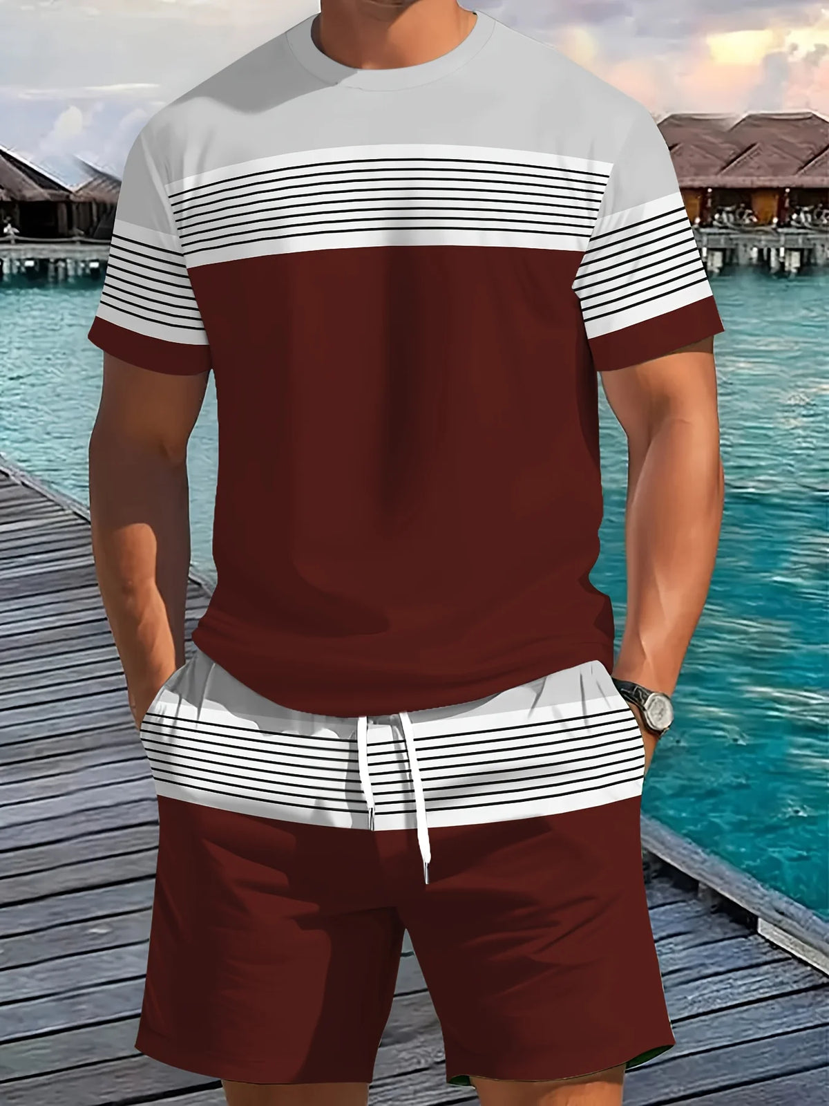 Summer New Arrival Men's Casual Two-Piece Set Striped Print Short-Sleeve Shirt and Athletic Shorts Set Men's Fitness Set