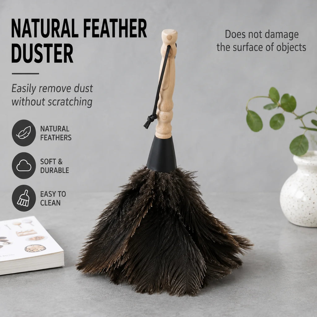 Ostrich Feather Duster with Wooden Handle Anti-static Dust Removal Brush for Home Office Furniture Daily Cleaning Tools