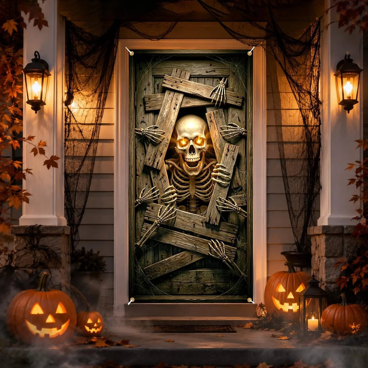 Halloween Glowing Eyes Skeleton Door Banner Creepy Broken Wood Horror Door Decor Indoor Outdoor Party Photo Hanging  Decoration