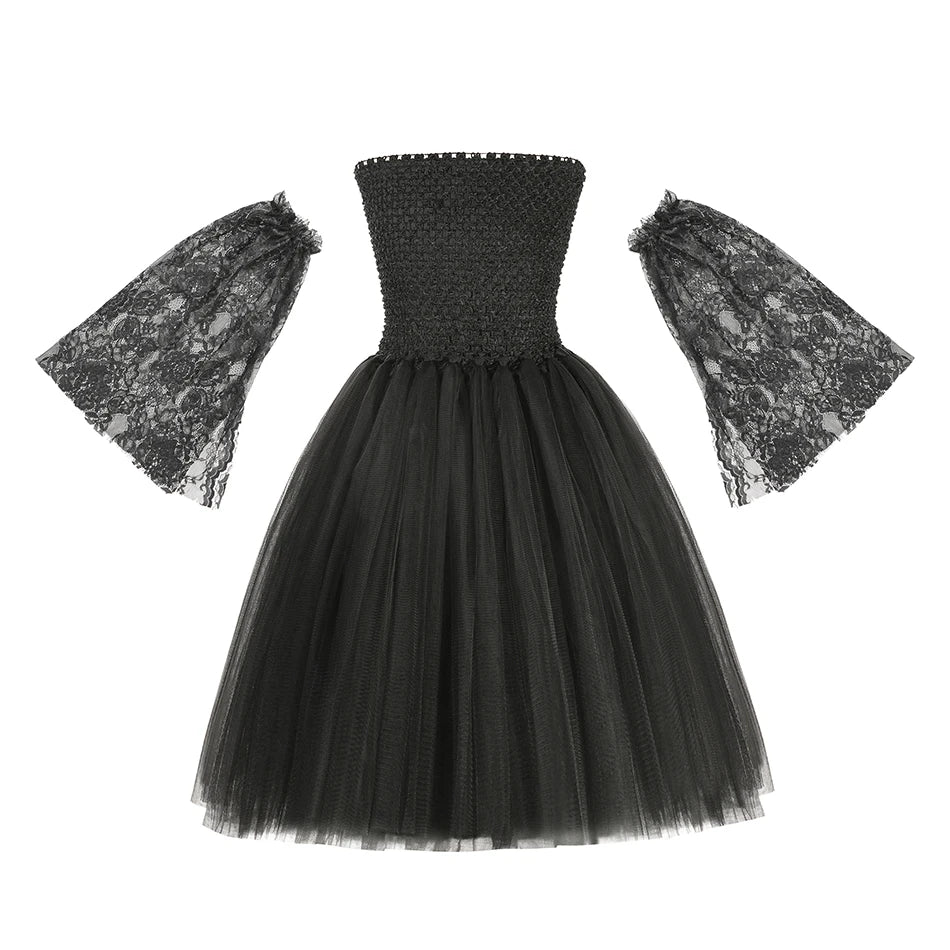 Halloween Costume Fashion Tutu Dress For Girls Cosplay Evil Queen Black Mesh Princess Dress Kids Crow Wand Demon Witch Gown