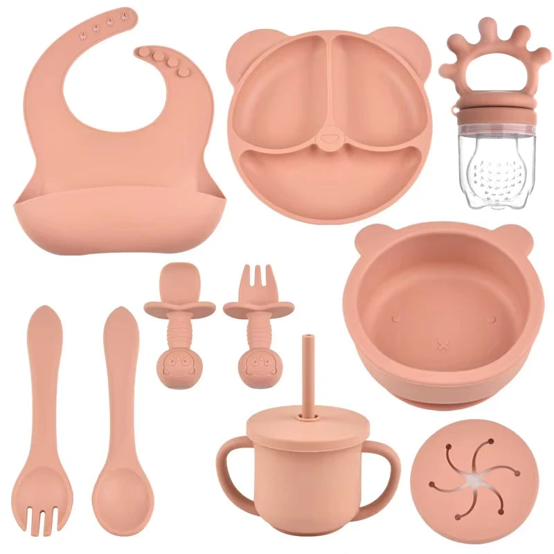 9PCS/Set BPA Free Silicone Baby Feeding Set Sucker Bowl Divided Dinning Plate Straw Cup Spoon Fork Adjustable Bib Child Dishes