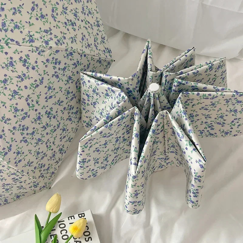 New 1 Piece of Small Blue Floral Umbrella, Gentle Style, Sun Protection, Three - Fold Automatic Umbrella for All Weather