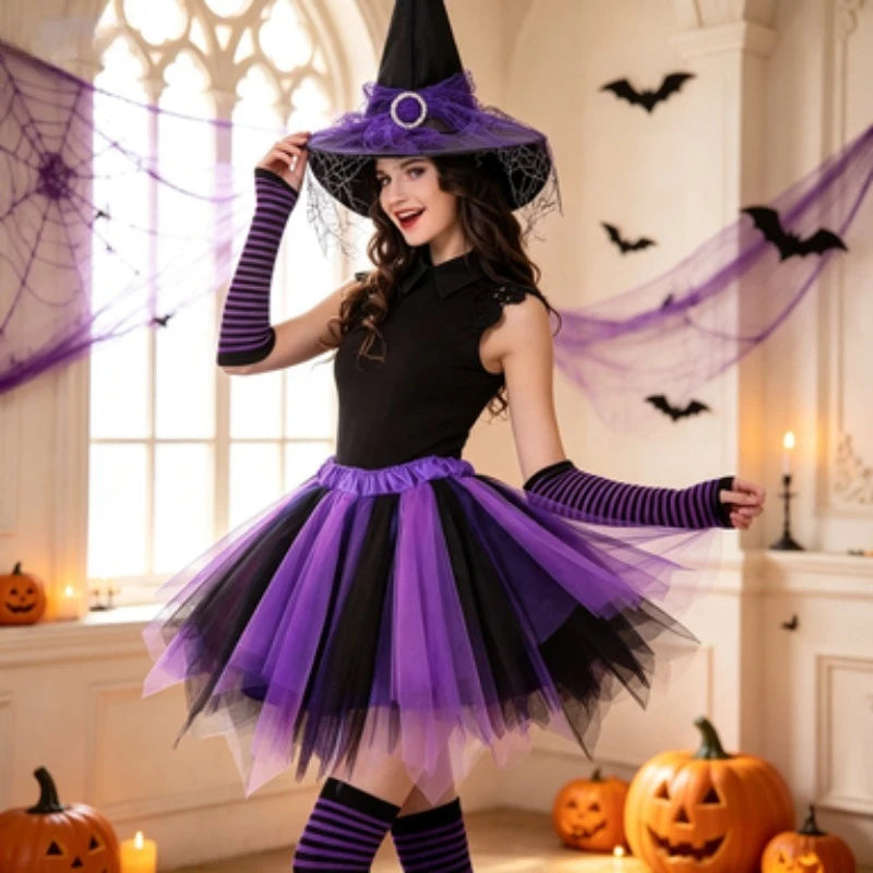 Halloween Witch Costume Set Witch Hat Striped Tights Tutu Skirt Party Fancy Dress Outfit for Holiday Cosplay Dress Up