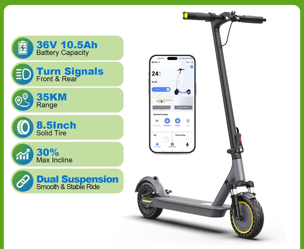 R70Plus Electric Scooter for Adults 36V10.5Ah High-Capacity Battery 35KM Long Range Powerful Motor Dual Suspension Turn Signals 8.5Inch Foldable EScooter
