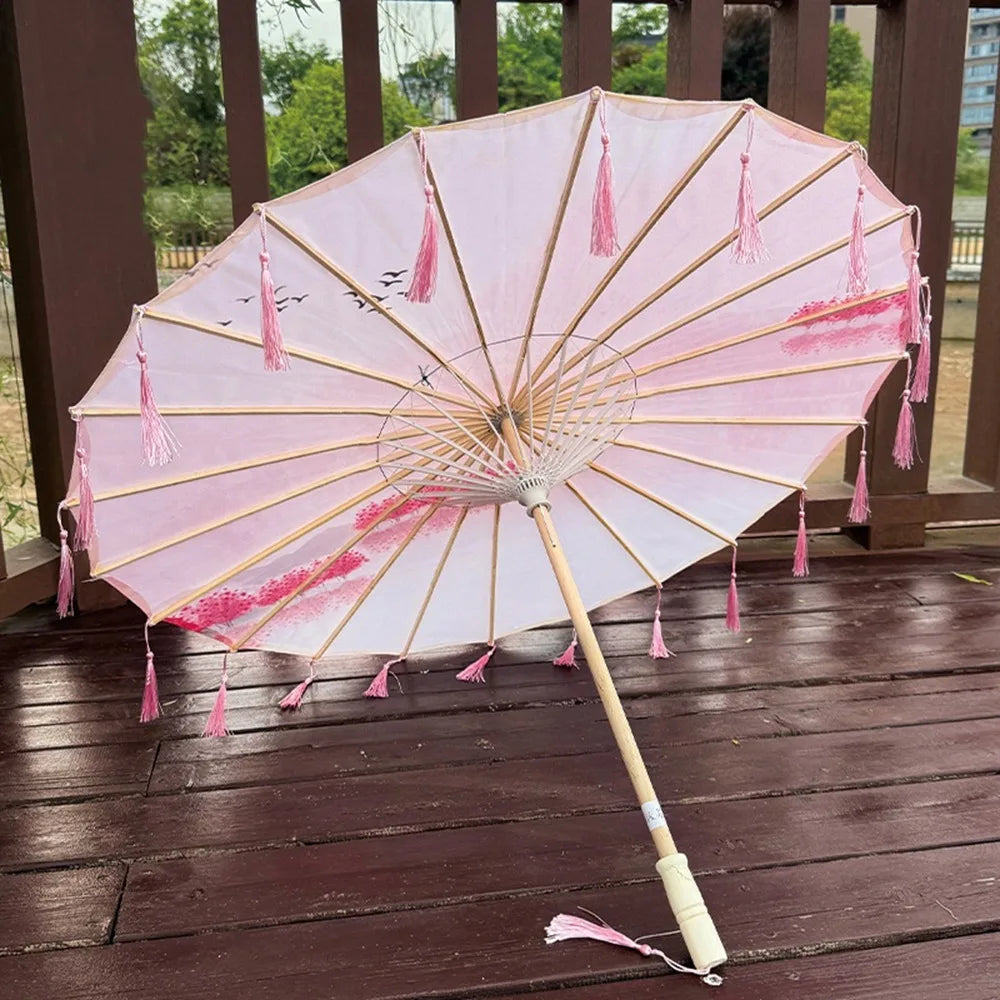 70cm Silk Fabric Tassel Umbrella Handheld Chinese Style Ancient Dance Umbrella Rainproof Decorative Classical Oil Paper Umbrella