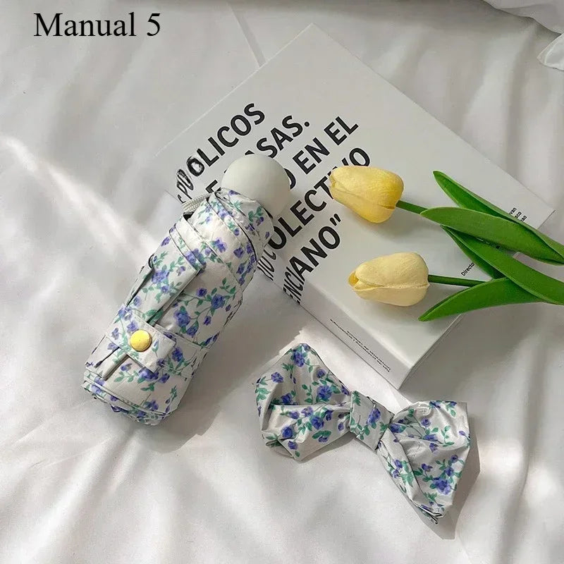 New 1 Piece of Small Blue Floral Umbrella, Gentle Style, Sun Protection, Three - Fold Automatic Umbrella for All Weather