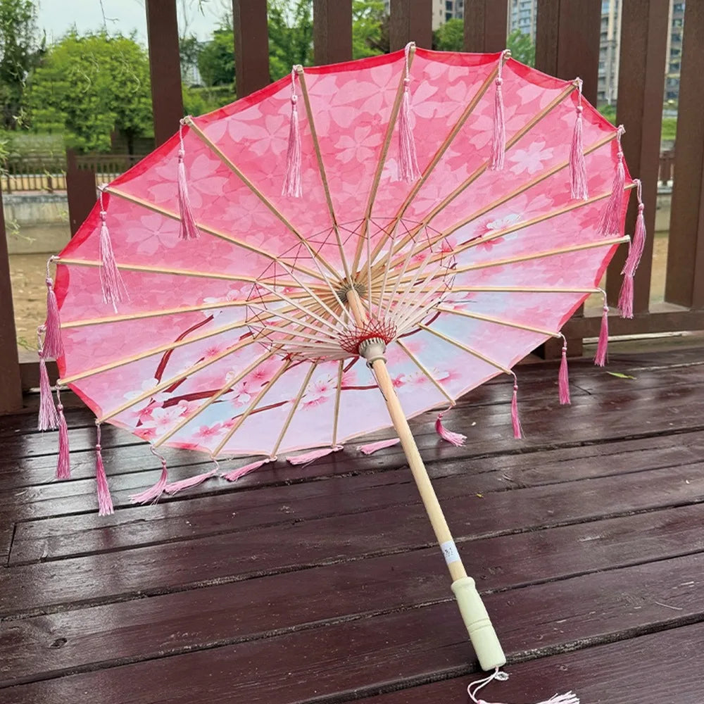 70cm Silk Fabric Tassel Umbrella Handheld Chinese Style Ancient Dance Umbrella Rainproof Decorative Classical Oil Paper Umbrella