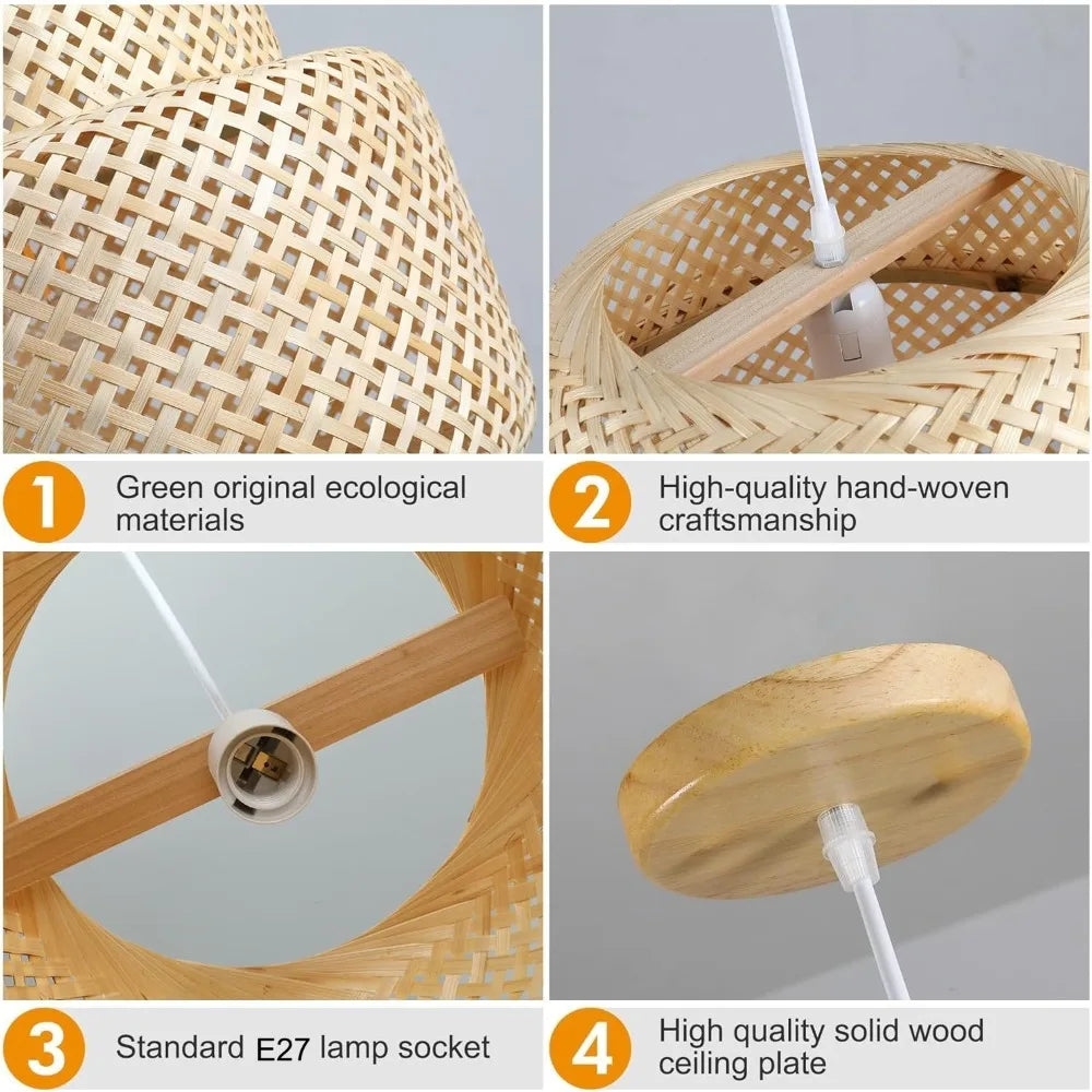 Bamboo Pendant Light 30/40/50CM Hand-Woven Rattan Hanging Lamp Farmhouse Wicker Chandelier for Dining Living Bedroom