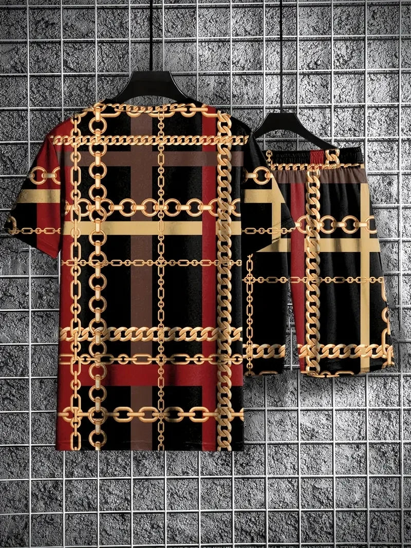 New Men's Two-Piece Plaid Print Fashion Men's Suit Summer O-Collar Short-Sleeved Polo Shirt + Shorts Two-Piece Men's Suit